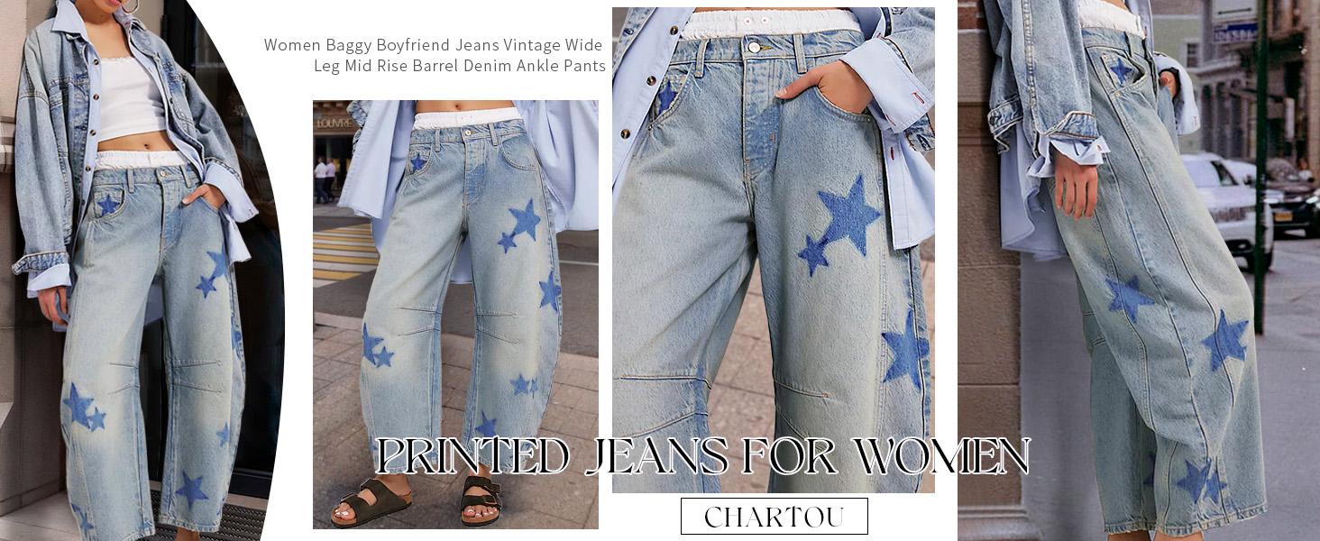 CHARTOU Y2k Barrel Jeans Women Wide Leg Baggy Distressed Printed Boyfriend Horseshoe Denim Pants Bottom Streetwear