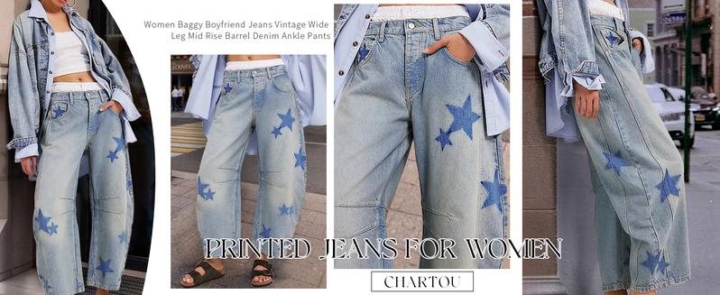 Barrel Jeans Women Wide Leg Baggy Distressed Printed Boyfriend Horseshoe Denim Pants