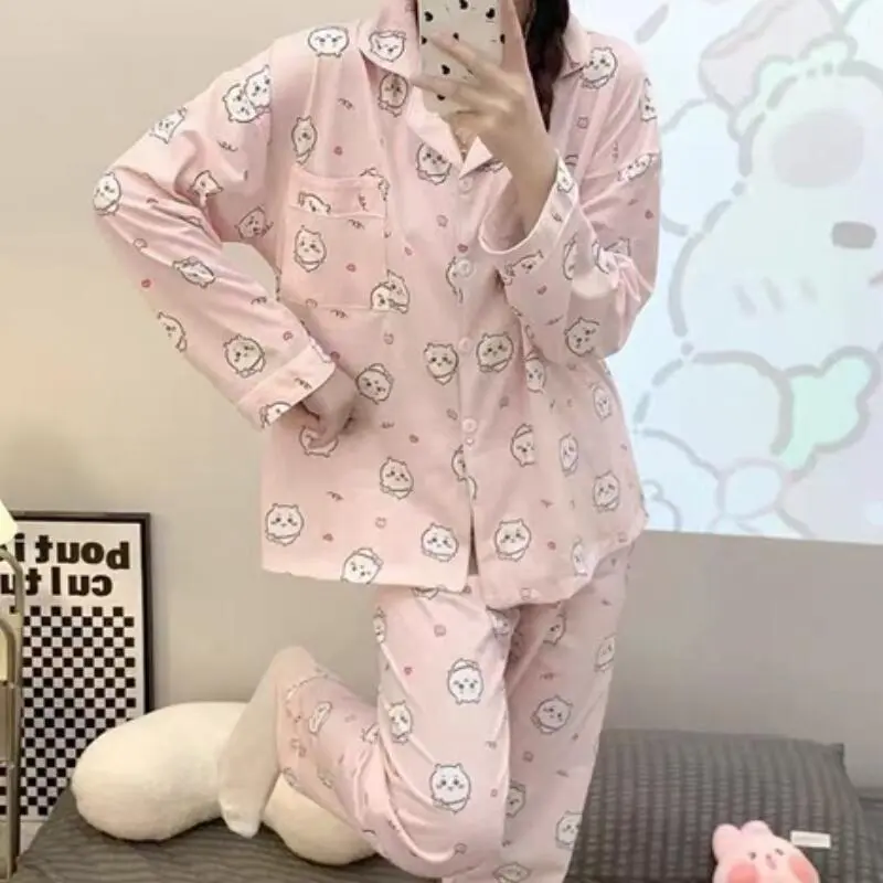 Anime Women Pajamas Suit Usagi Chiikawa Cotton Cartoon Hachiware Spring Casual Home Wear Kawaii Long-Sleeved Pants Nightclothes