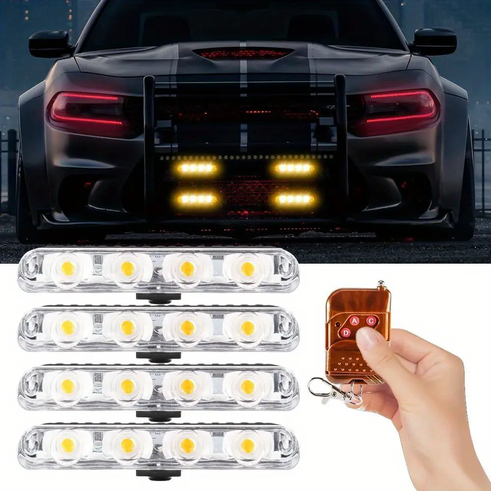 4PCS 16LED Clip-On Car Grille Lights, 12V Wireless Remote Multi-Mode Sequential Flash Front Grill Lights for Truck/SUV, Easy-Install Automotive Styling Accessories