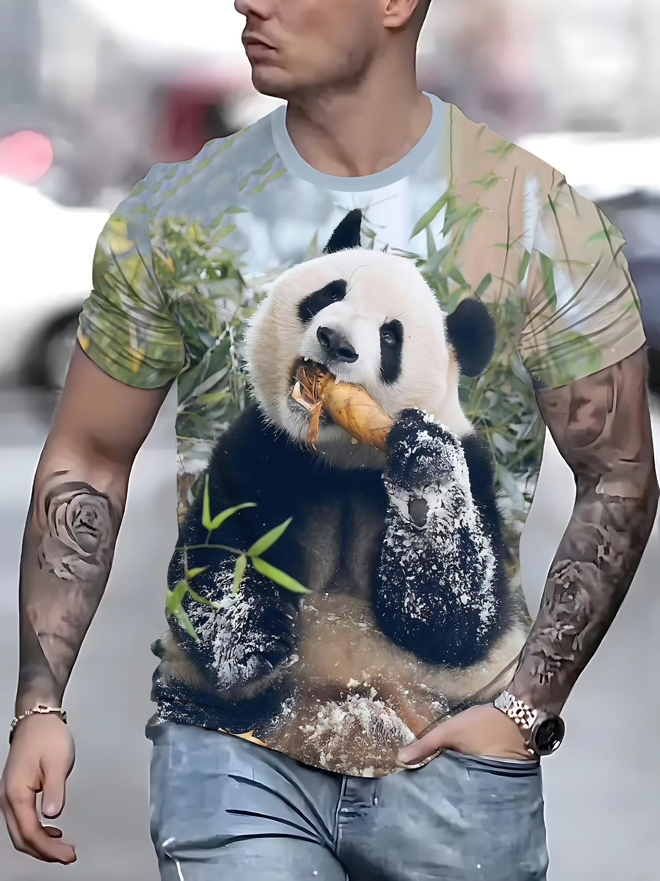 Men's Trendy Print T-Shirt, Casual Short Sleeve, Comfortable Fabric, Panda Eating Bamboo Design, Perfect for Daily Wear, All Seasons