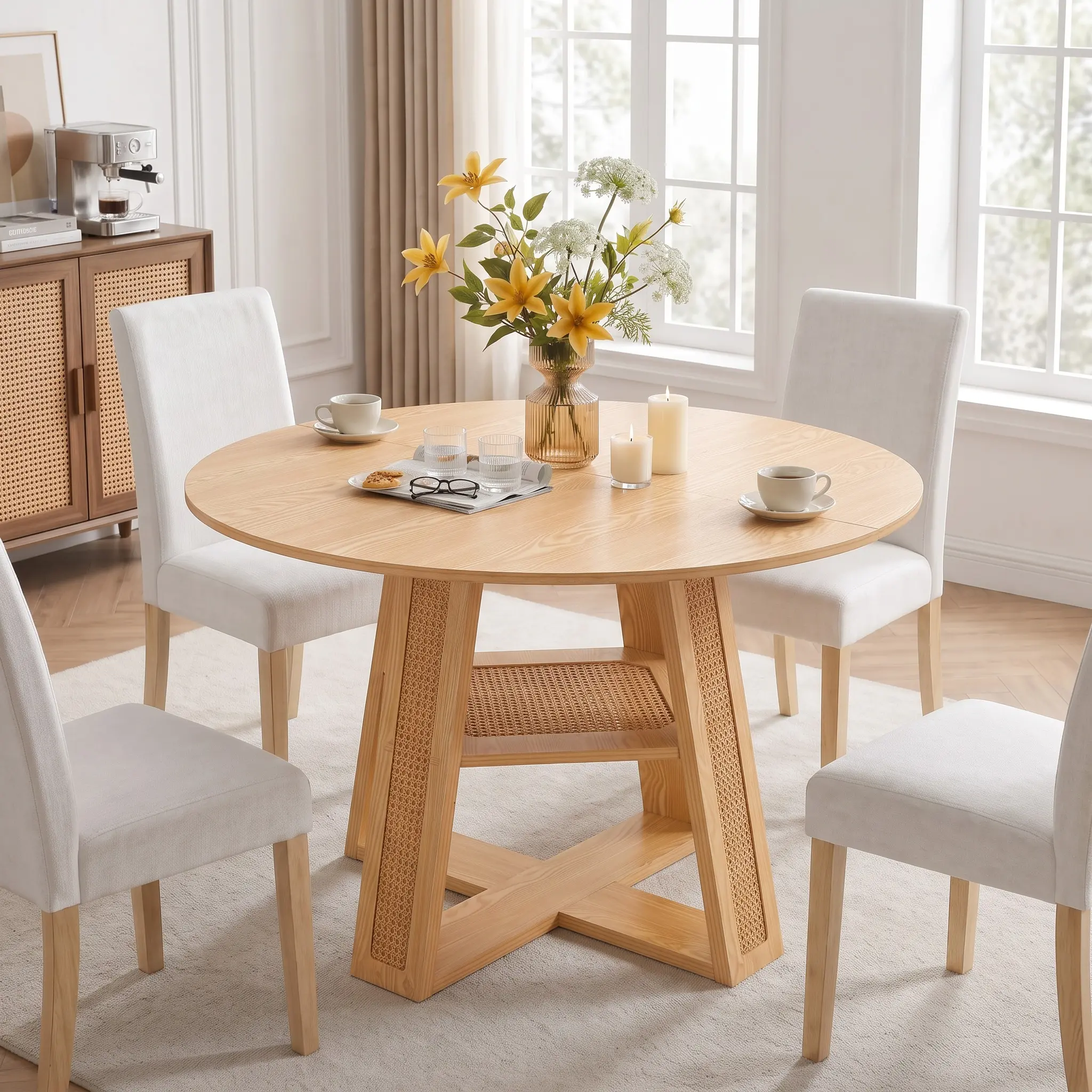 Extendable Round Dining Table for 4-6, 43.3" to 59.05" Oval Kitchen Table with Removable Leaf, Cross Base, Shelf, Natural