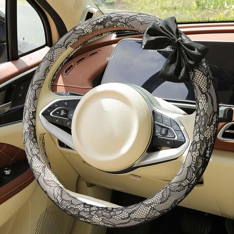 Elegant Black Lace Steering Wheel Cover with Large Bow-Knot, Cute Floral Car Accessory for Women, Non-Slip Comfortable Grip, Universal 14-15 Inch Fit for Full Protection, Car Accessories, Accessories For Car