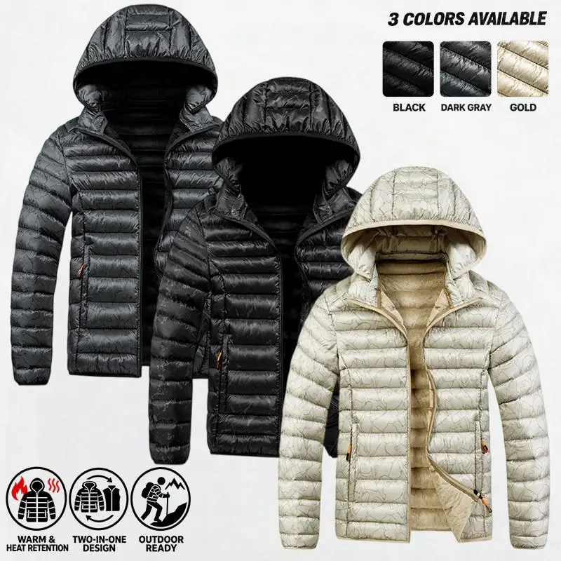 Men's hooded puffer jacket with full zipper closure and soft inner lining to preserve warmth. It has a practical two-in-one design and zippered side pockets, offered in multiple colors. Suitable for hiking, camping and daily streetwear outfits.