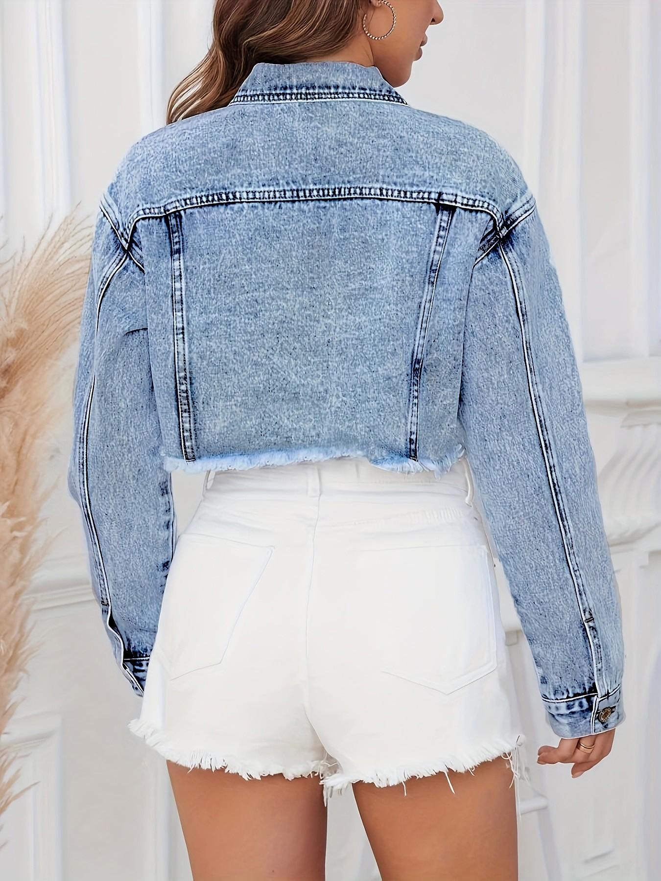 Casual Fashion Frayed Edge Non-Elastic Women's Long Sleeve Light Wash Denim Jacket Coats, Stylish and Comfortable Outerwear for Everyday Wear Fit