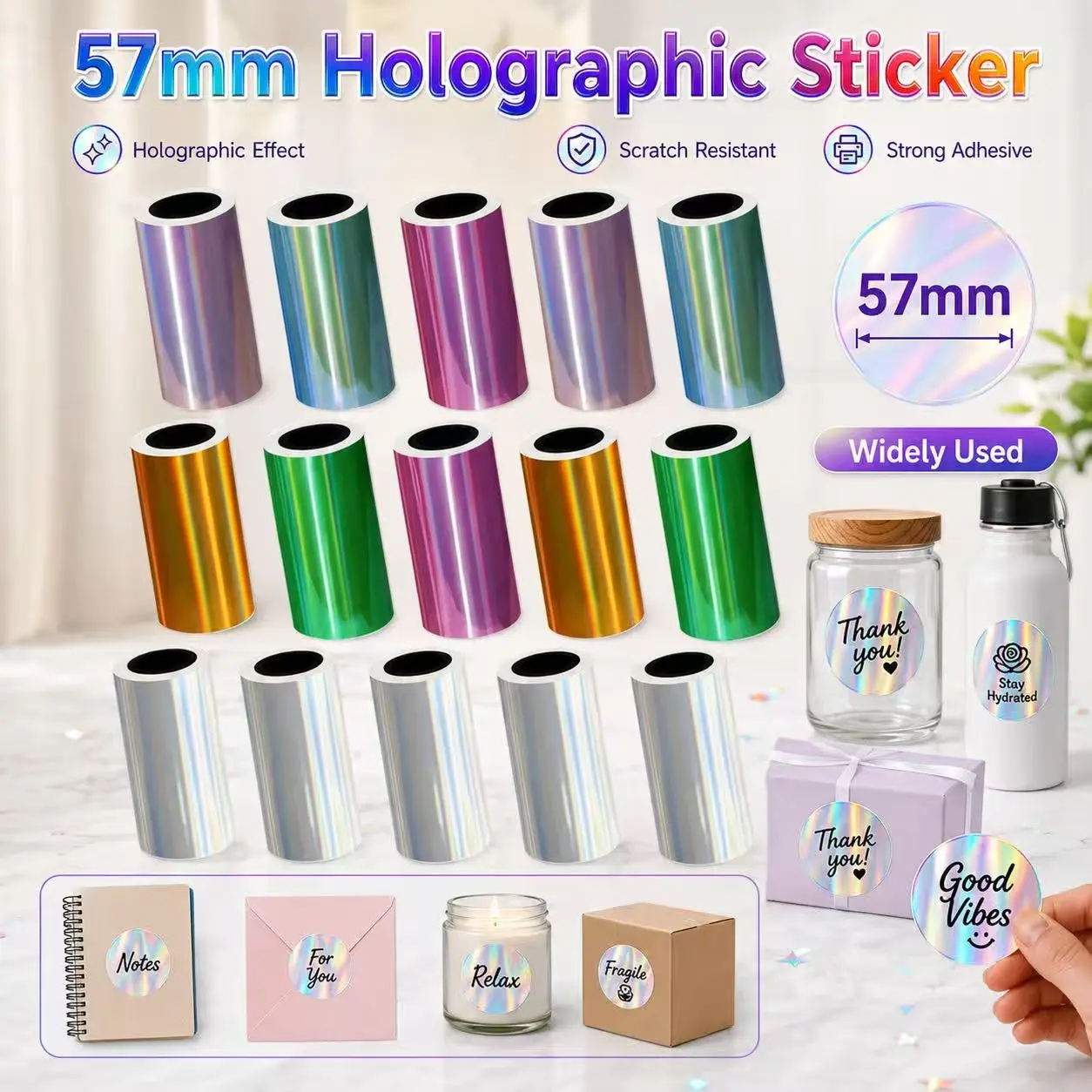 7/15 Rolls of Thermal Holographic Printing Paper—High-Gloss, Vibrant Holographic Label Stickers! Prints clearly instantly—perfect for supermarkets, bubble tea shops, and shipping stations, as well as for cash register receipts and product labels. Images s