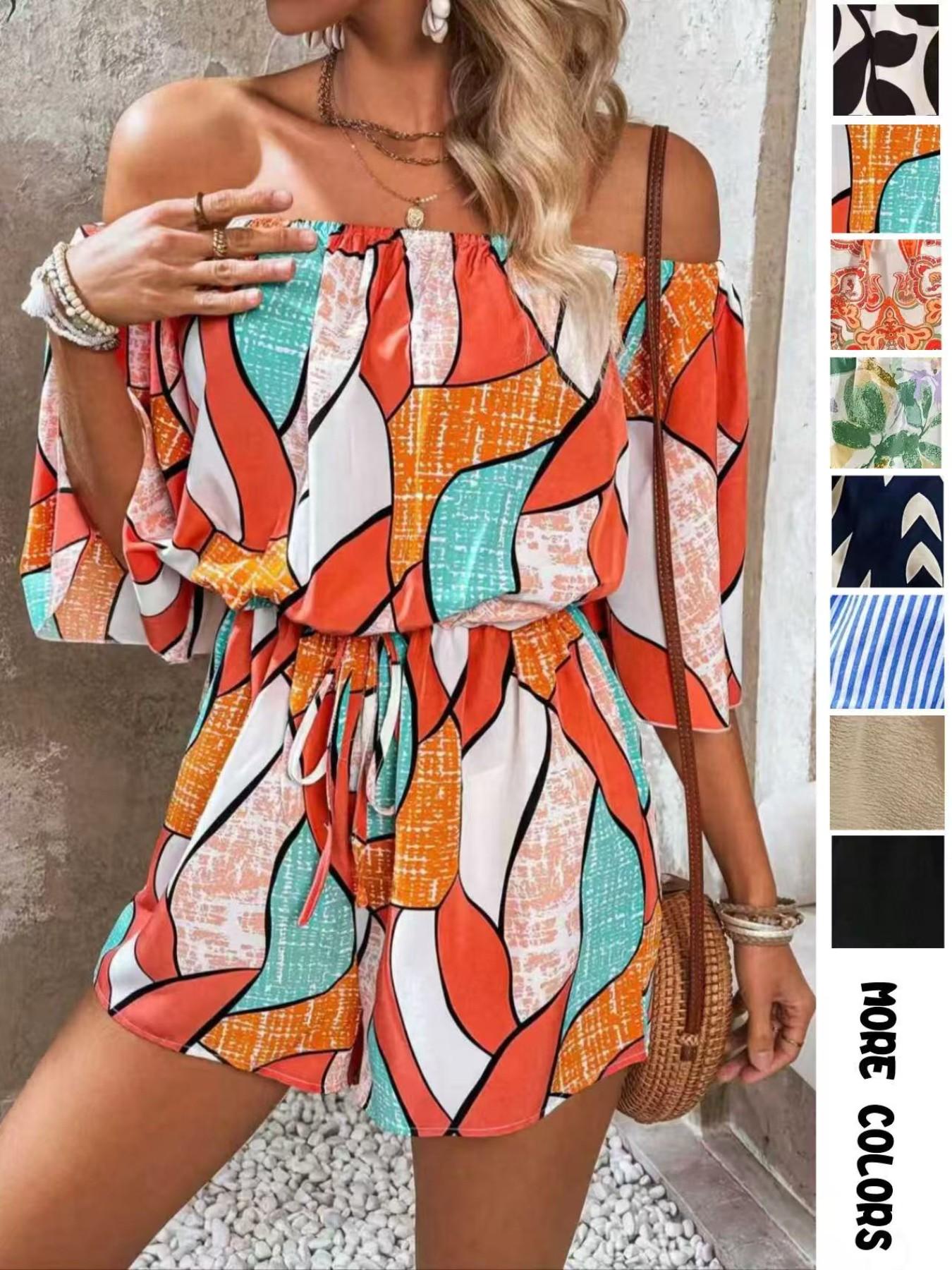 Women's Leaf Print Off Shoulder Tie Front Adjustable Lightweight Feminine Bohemian Romper. Casual Short Flounce Sleeve Romper for Summer. Fashion Women's Clothing Womenswear for Beach Holiday Vacation
