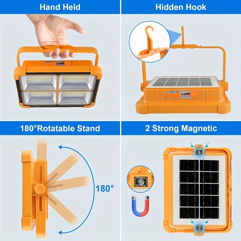 Solar Rechargeable Work Light, IP66 Waterproof LED Floor Light with Stepless Brightness for Mechanic Camping Fishing Car Repair Emergency Worklight for Hurricane