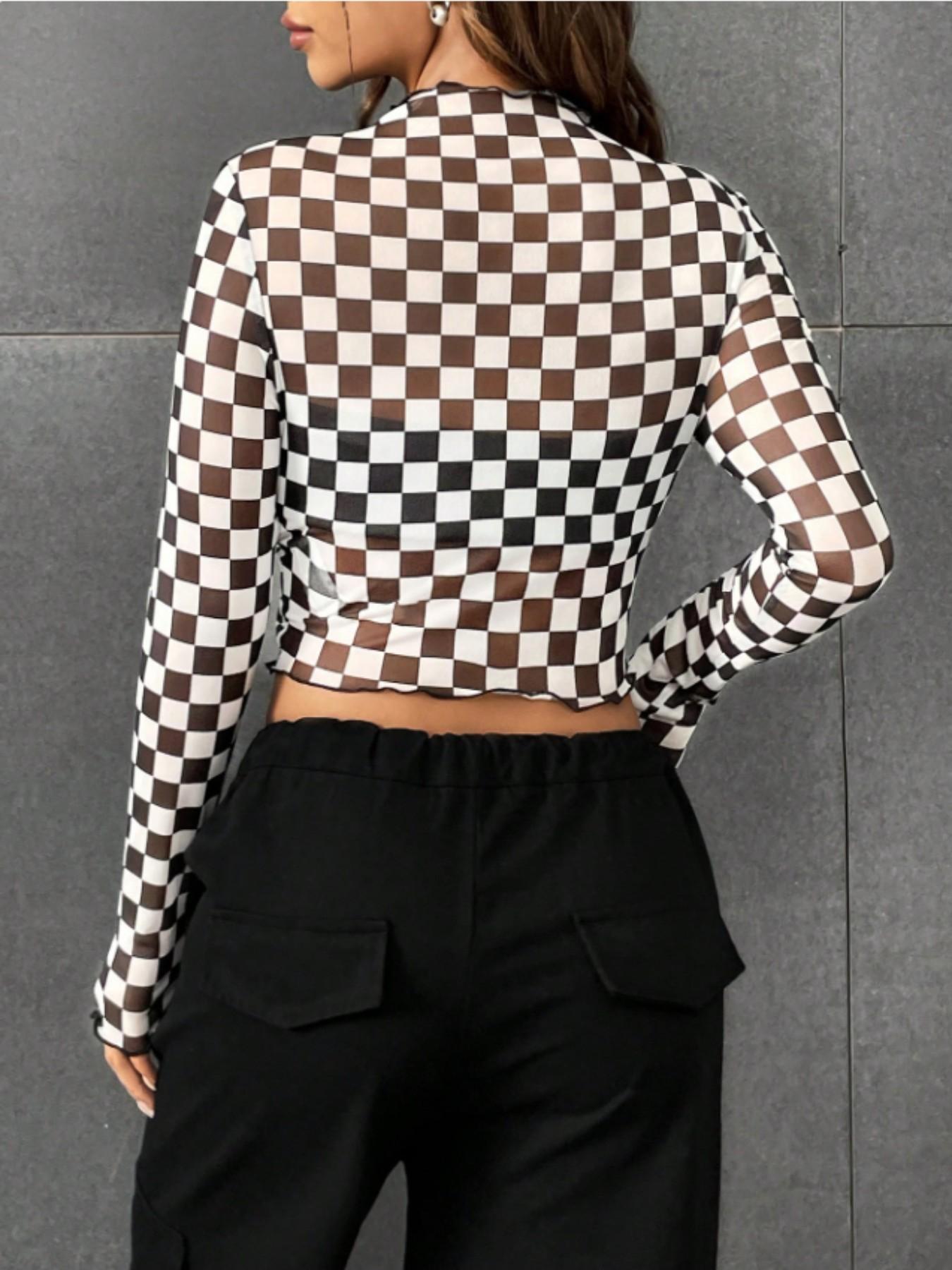 Women's & Plaid Long Sleeve Top, New Style Slim Fit Short Shirt, Casual Inner Layer, Fashionable Chessboard Pattern Tee
