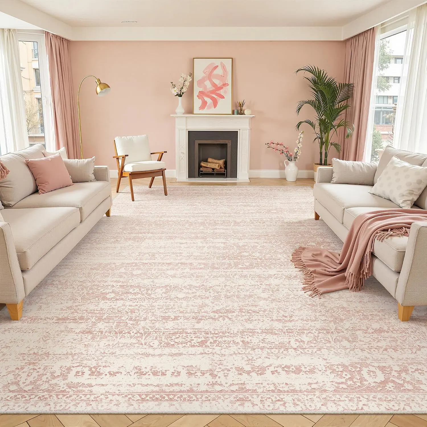 ComiComi Pink Princess Vintage Floral 8'x10' Area Rug For Nursery, Washable Rugs For Bedroom, Water & Stain Resistant, Soft Low Pile, Non-Slip Carpet for Baby Girls Room, Kids Playroom, Living Room, Pets Friendly, Girls Room Decor, Pink-themed Room Decor