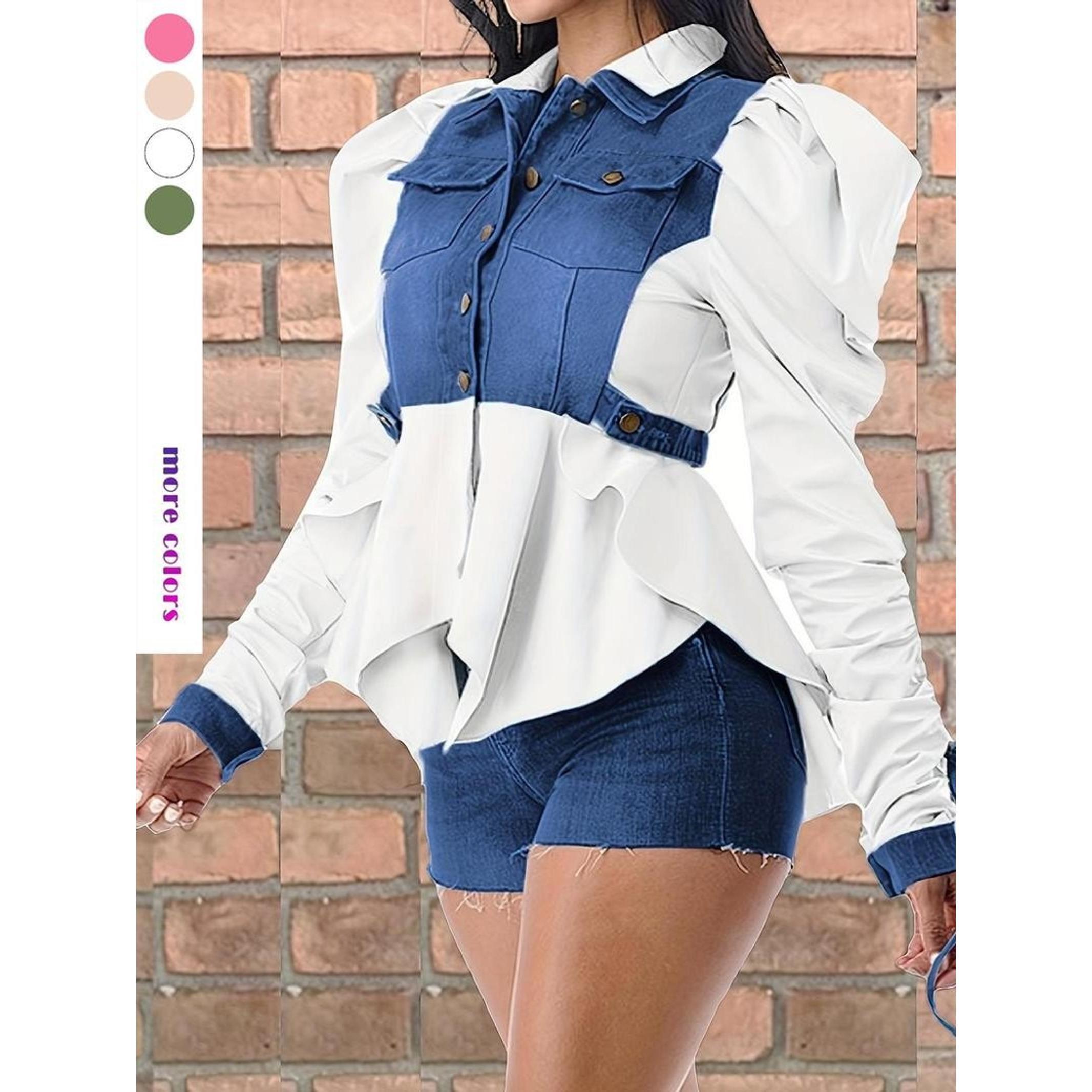 Women's Colorblock Ruched Knot Design Long Sleeve Button Front Blouse, Casual Leg-of-Mutton Sleeve Pocket Top for Spring & Fall, Women's Clothing