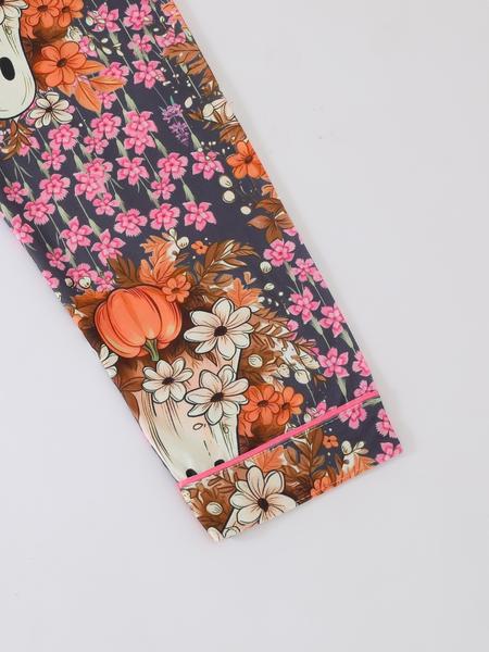 Women's Halloween Pumpkin Bat Print Pajama Set, Lapel Long Sleeve Cardigan & Elastic Waist Pants, All Seasons Sleepwear Home Wear