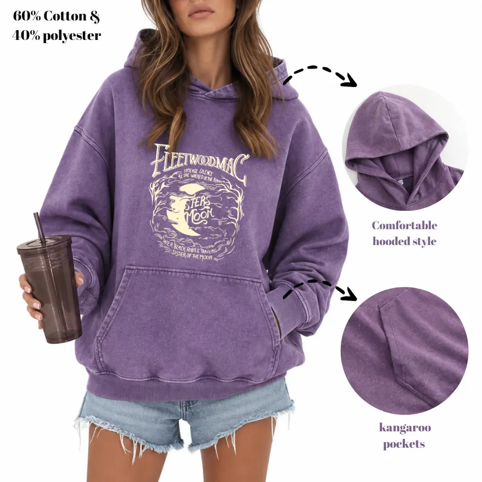 Sunland Women's Moon Print Acid Wash Hoodie Vintage Sweatshirt Oversized Loose Fit Winter Warm Streetwear Casual Tunic shirts women