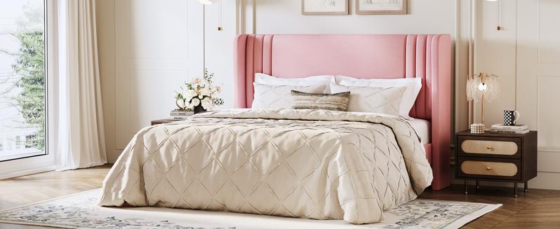 HOOMIC Upholstered Platform Bed Frame【Frame Only No Mattress】,Wingback Headboard with Vertical Stripes in Dutch Velvet,Full/Queen/King/Sizes,No Box Spring Needed,Pink/Black/White/Blue/Green/Gray