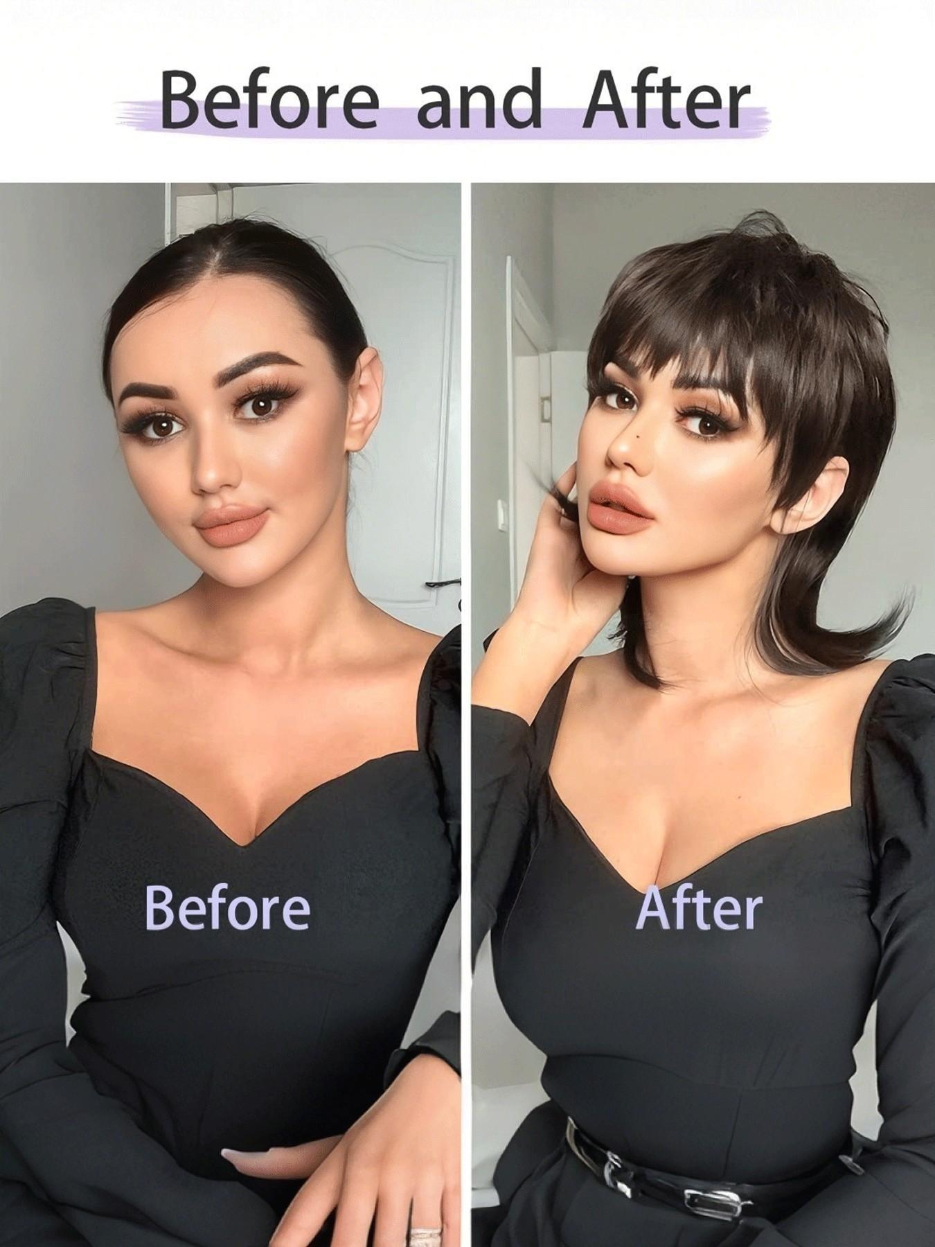 8 Inch Short Pixie Cut Wig With Bangs, Natural Black Brown Shaggy Layered 80s Mullet Wig, Heat Resistant Fluffy Curly Glueless Synthetic Wig, Synthetic Material Wigs, Realistic Scalp Top Soft Fiber Hair Replacement Wigs for Women Daily Party Cosplay Wig
