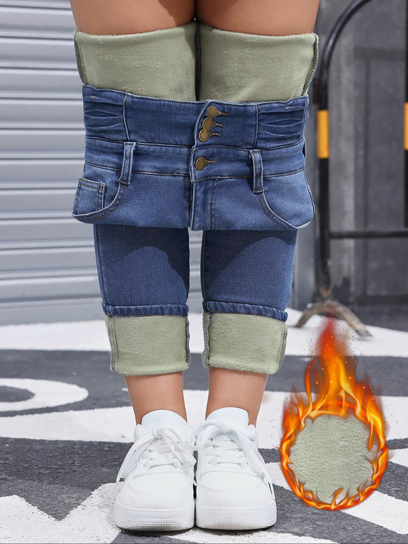 Women's Fleece-Lined Jeans, High Stretch Thick Woven Denim For Winter, Slimming, Fitted And Comfortable