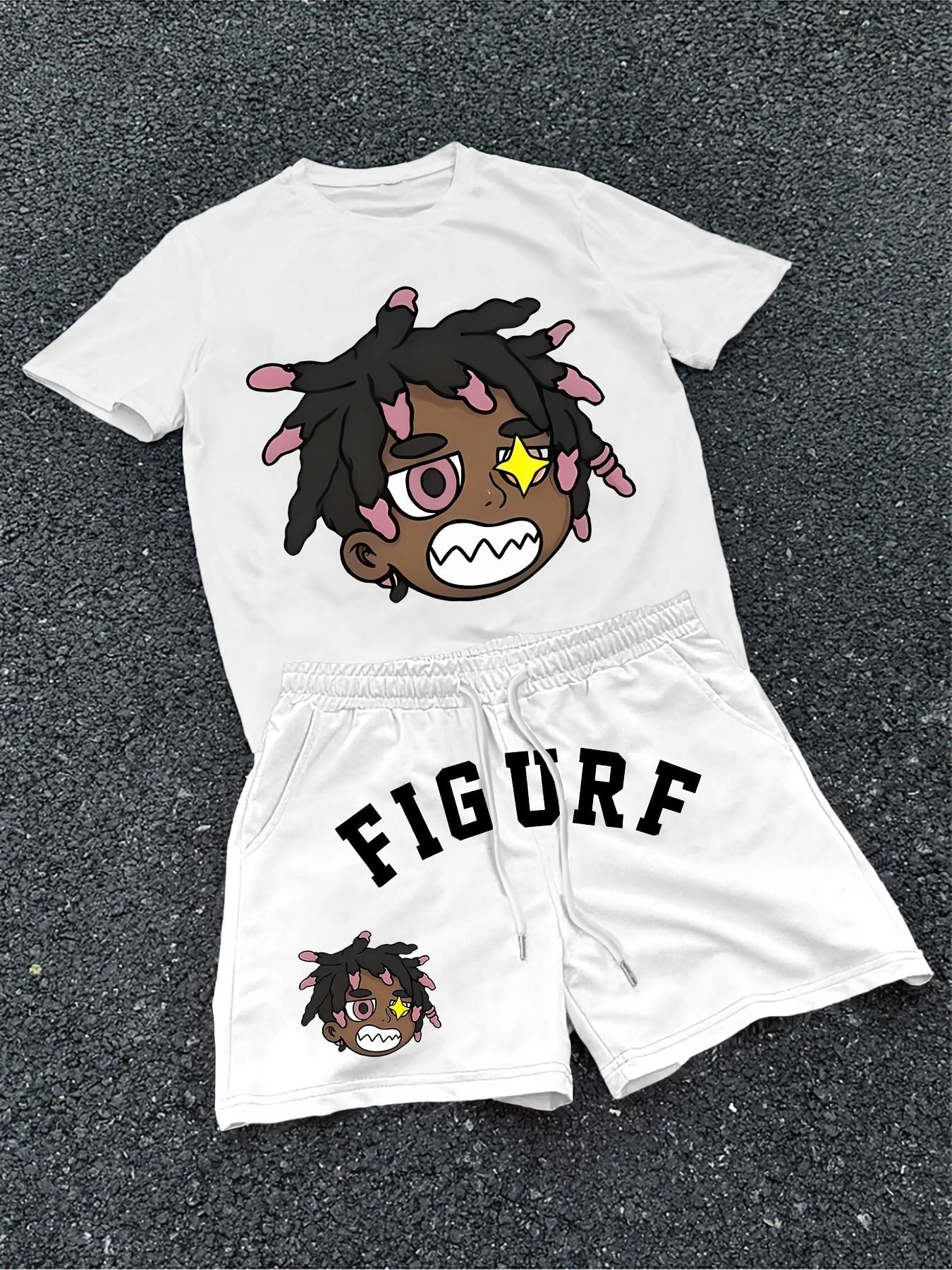 Summer Breathable Two-Piece Set, Cartoon Pattern Round Neck T-Shirt and Drawstring Shorts, Ideal for Outdoor Activities and Backpack Travel