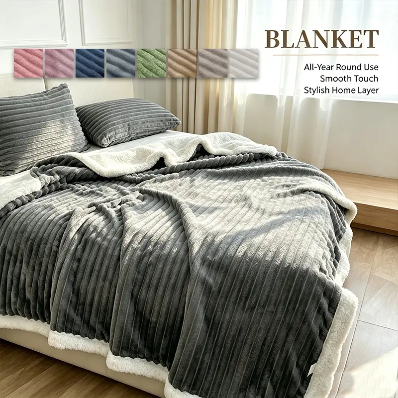 Durable Vertical Striped Reversible Throw Blanket Warm Plush Bed Cover, Neat finished edge, Multiple Colors, Reliable Bedding for Winter & Back-to-School, Soft Throw Blanket