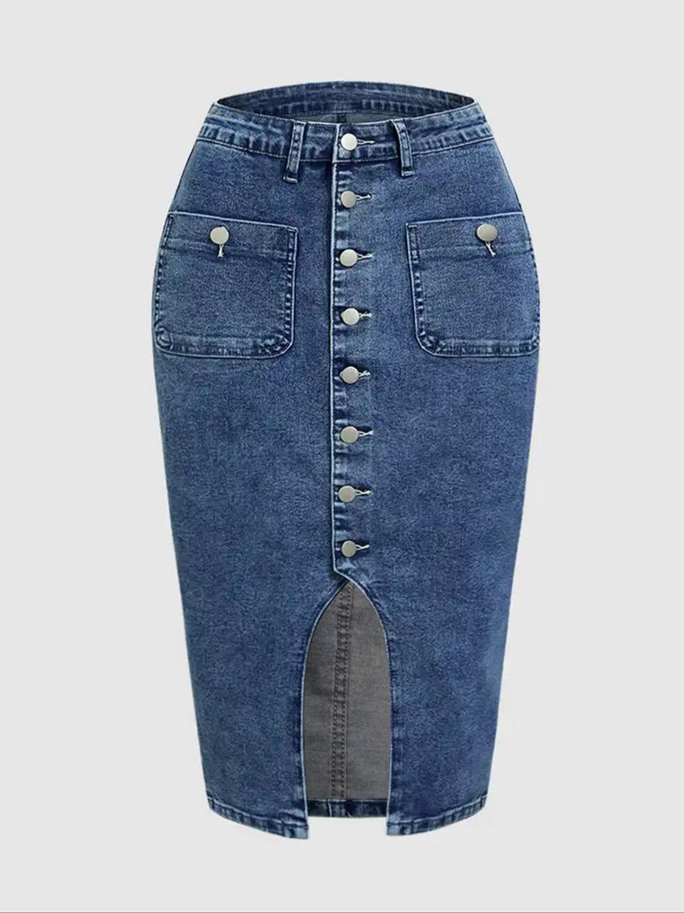 Women's High Elastic Dark Wash Denim Half Skirt with Button Closure, Stylish Casual Wear, Perfect for Daily, Comfortable and Trendy