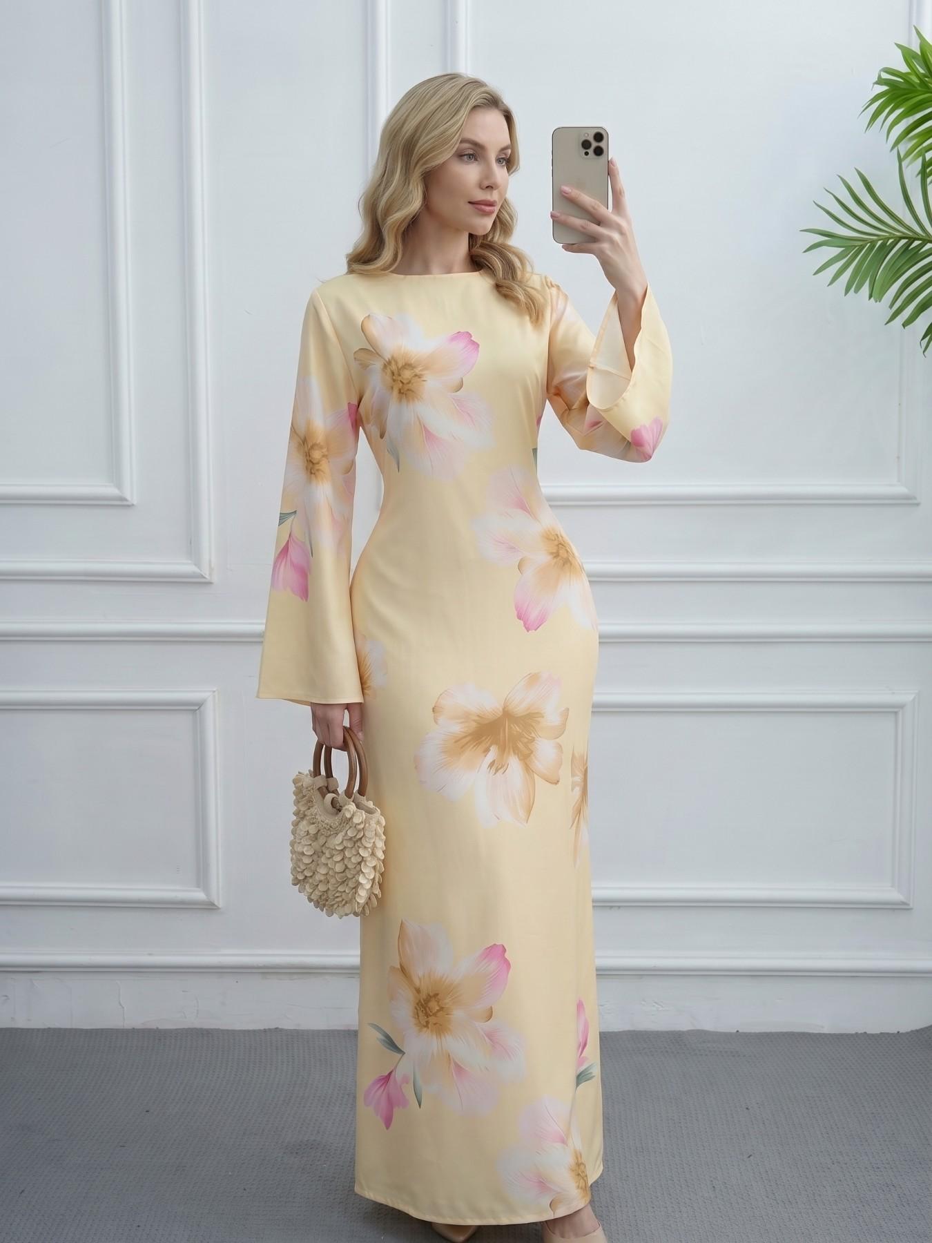 New Women's Elegant Loose-Fit Long Dress, Modest Muslim Clothing, Multi-Color Choice, Bell Sleeve, All Over Floral Print, Casual Daily Wear, Vacation Dress