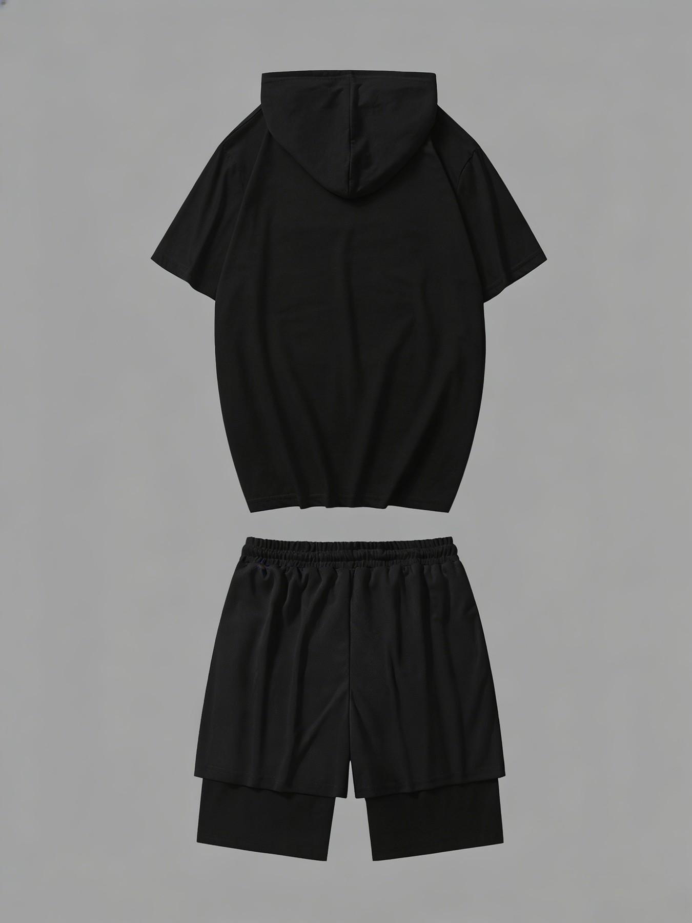 Berserk 2-Piece Short Set: Black Short Sleeve Hoodie & Double-Layer Shorts with Iconic Red Sacrifice Logo & Japanese Kanji | Anime Streetwear for Men & Women | Casual Techwear Loungewear