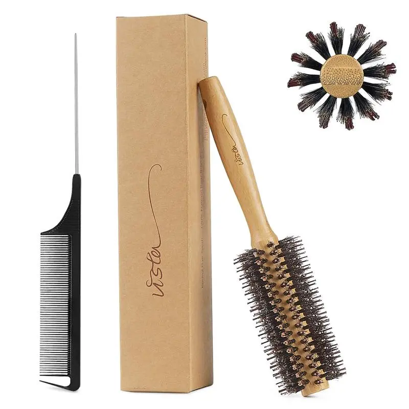 Bamboo round comb, with a pin tail comb, natural boar bristles, women's blow-drying styling round comb, suitable for both wet and dry use, easy to comb, smooth and massaging |   Comb with needle tail, women's blow-dry styling round comb, suitable for both
