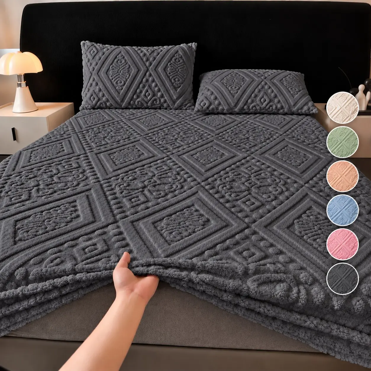Plush European Damask Fitted Sheet Set, Ultra Soft Warm Embossed Floral Bedding with 1 Deep Pocket Fitted Sheet and 1 or 2 Matching Pillowcases, All-Around Elastic Fits Mattresses up to 12 Inches, Machine Washable for Bedroom, Dorm, Hotel and Guest Room