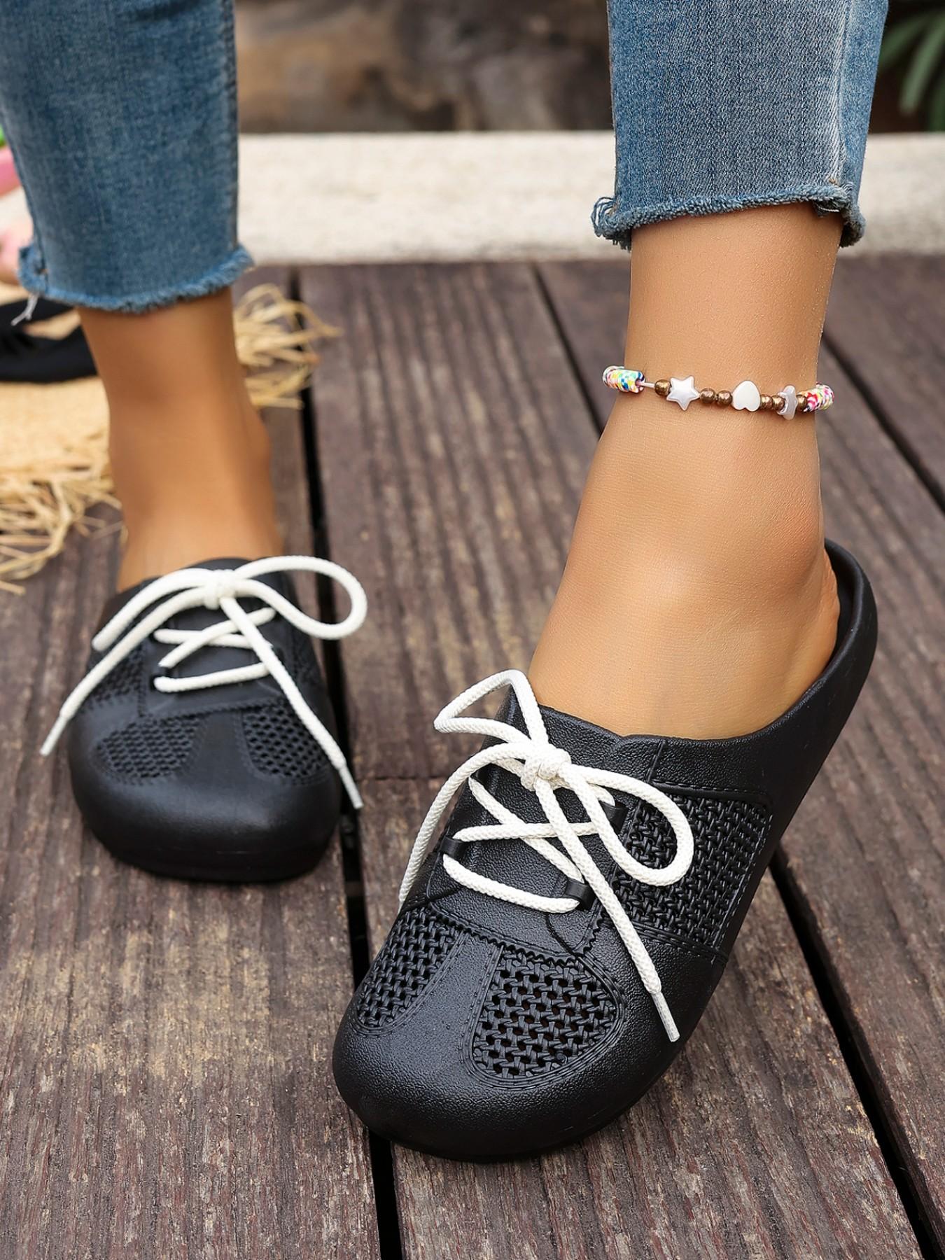 Sweet Style Mesh Cutout Tie Mueller Slippers, Open Toe Outdoor Women's Half Sandals, Comfortable Summer Footwear