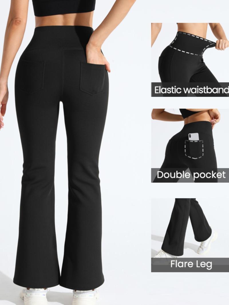 Women's High-Waisted Yoga Flare Pants, Athleisure Pants, Sporty Fitted Design, Thick Fabric, Loose Leg, Pocket Detail, Ideal for Outdoor Fitness