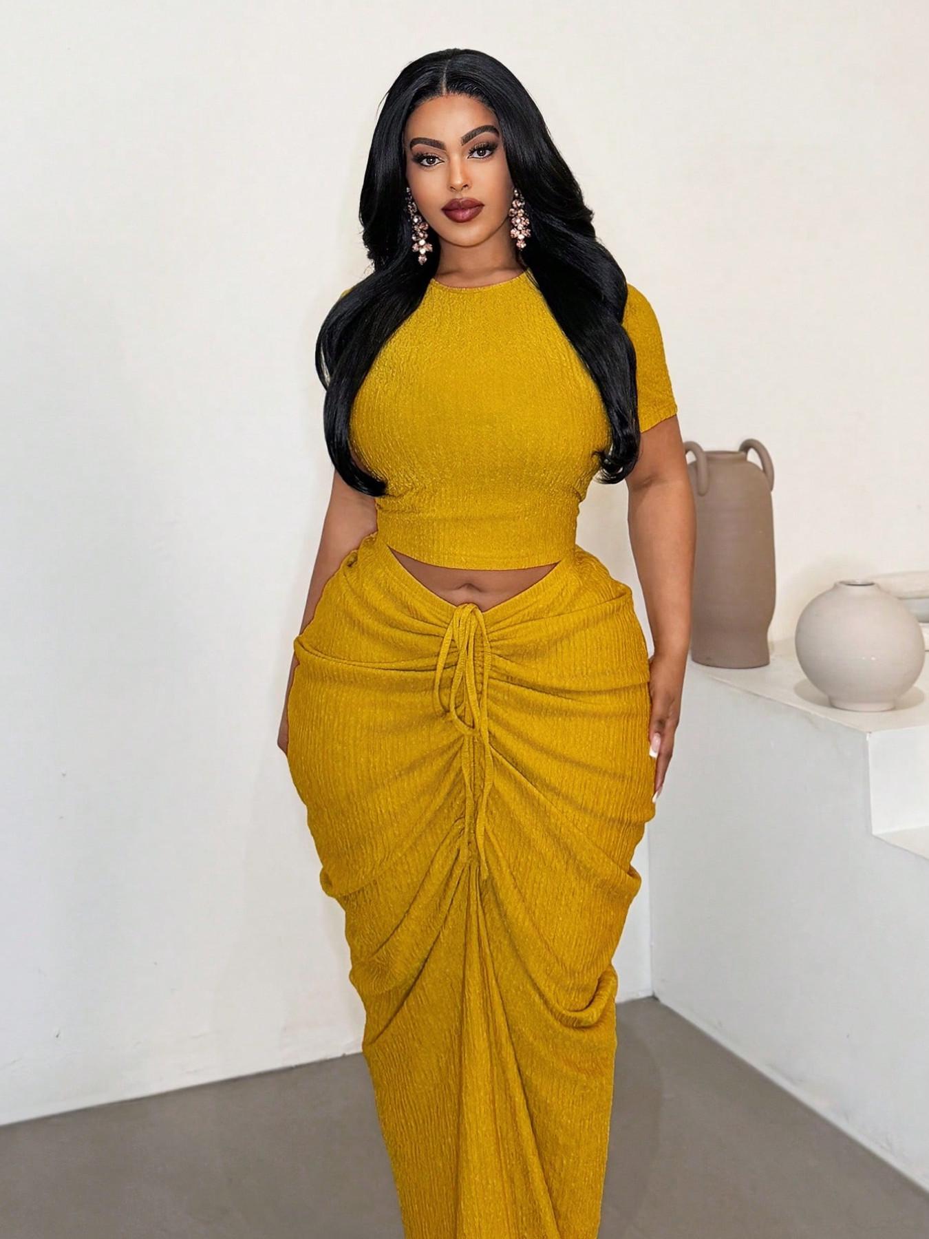Plus Size Two-Piece Women's Set, Ribbed Short Top & Drawstring Pleated Skirt, Sexy Slim Fit Evening Party Dress, Curvy Friendly Fashion