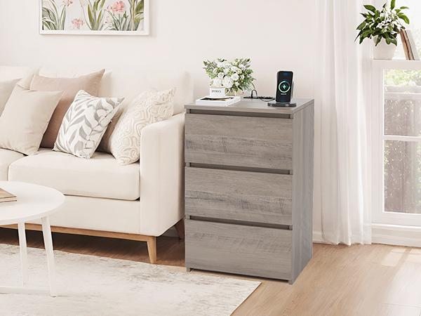 FOTOSOK Nightstad with Charging Station, White Nightstand with 3 Drawers,  Nightstand with USB Ports, Power Outlets, Silent Slides, Wooden End Side Table Bedside Table for Bedroom