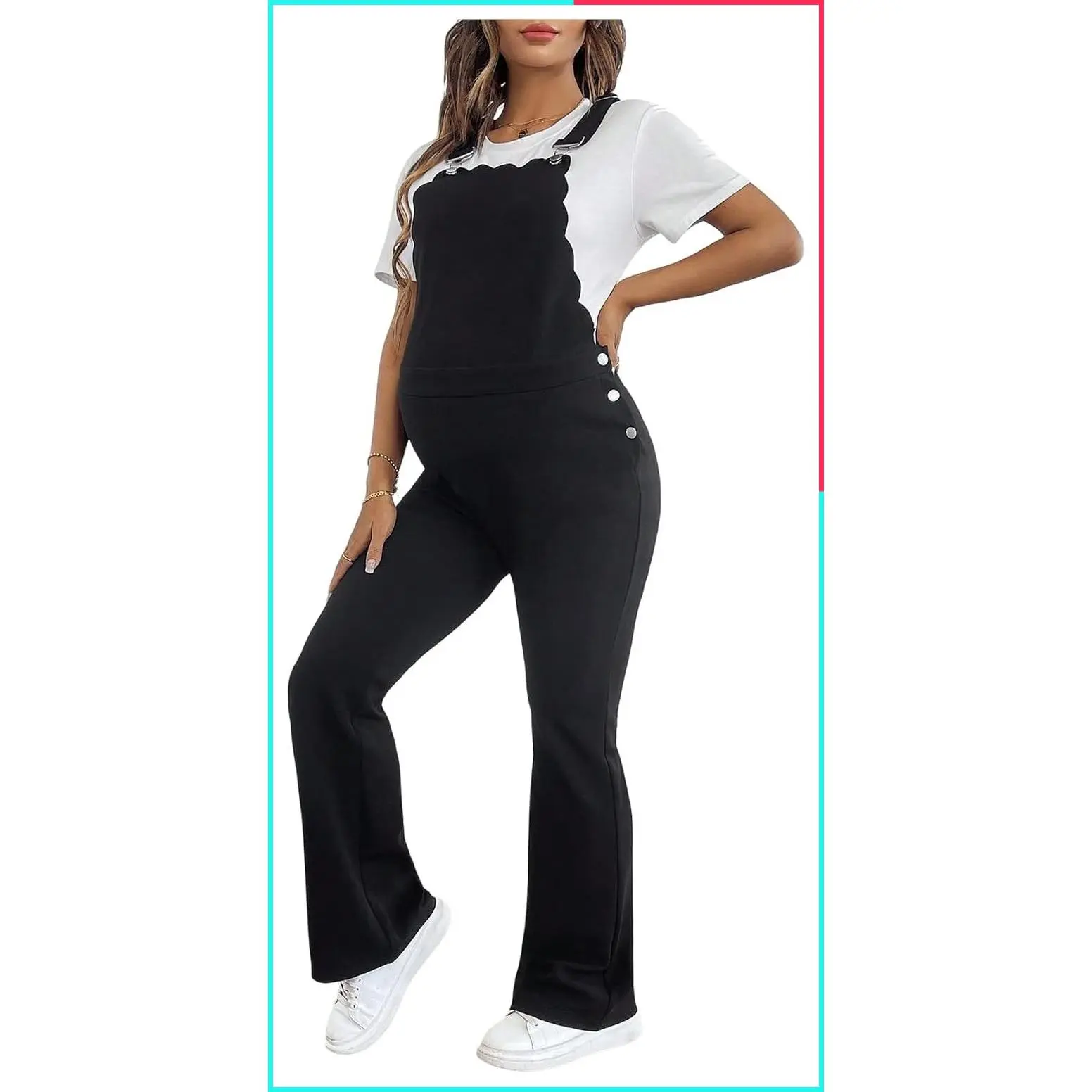 Women's Maternity Sleeveless Side-Button Jumpsuit Overalls with Adjustable Straps, Metal Clasp, Flare Leg, Over-The-Bump Panel, Pregnancy Outfits, Pantsuits