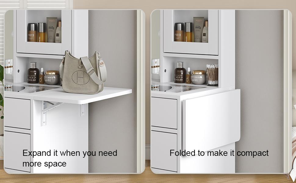 FUSOU 55"W Vanity with Power Outlet【Shipping By 2 Packages】Vanity Desk with Mirror and 10 LED Lights, Makeup Vanity with 12 Drawers and 2 Cabinets, Fold-up Panel, Glass Top Vanity Table with Chair for Bedroom