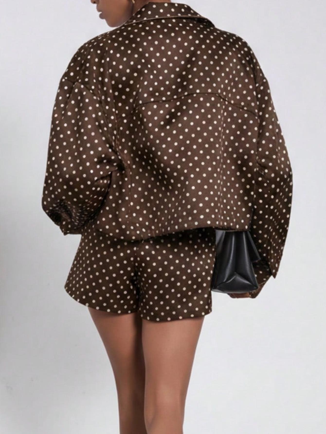 Women's Spring Fall Fashion European Style Stand Collar Vintage Polka Dot Long Sleeve Jacket Pilot Look Outerwear with Polka Dot Shorts Two-Piece Set Blazer Shorts Set