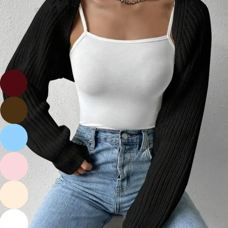 Women's Solid Long Sleeve Open Front Crop Cardigan, Casual Solid Knit Cover Up Fit for Daily Wear Holiday Vacation, Ladies Outerwear Clothes for All Seasons
