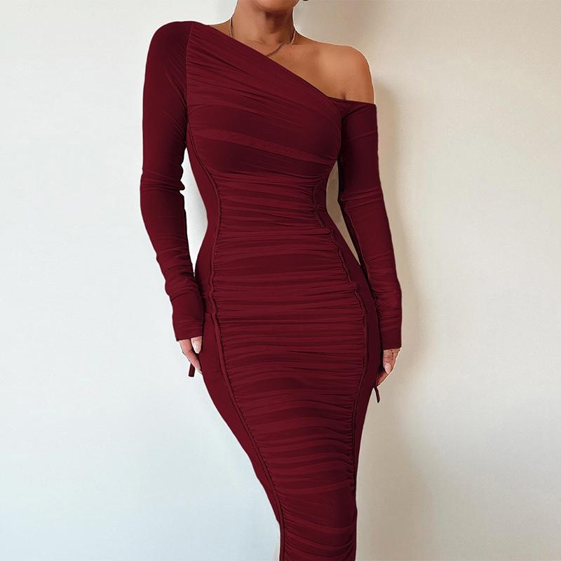 Women's Striped Ruched Asymmetrical Neck Bodycon Dress, Elegant Long Sleeve Dress for Parties, Clubs and Dates, Women's Clothing for Spring & Fall