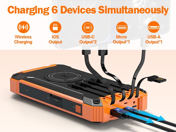 GOODaaa W22 36000mAh Solar Power Bank Wireless Charger Built in 4 Cables 6 Outputs 15W Fast Charging Power Bank for All Mobile Devices 3 Inputs Solar Portable Charger with Dual Flashlights, Carabiner