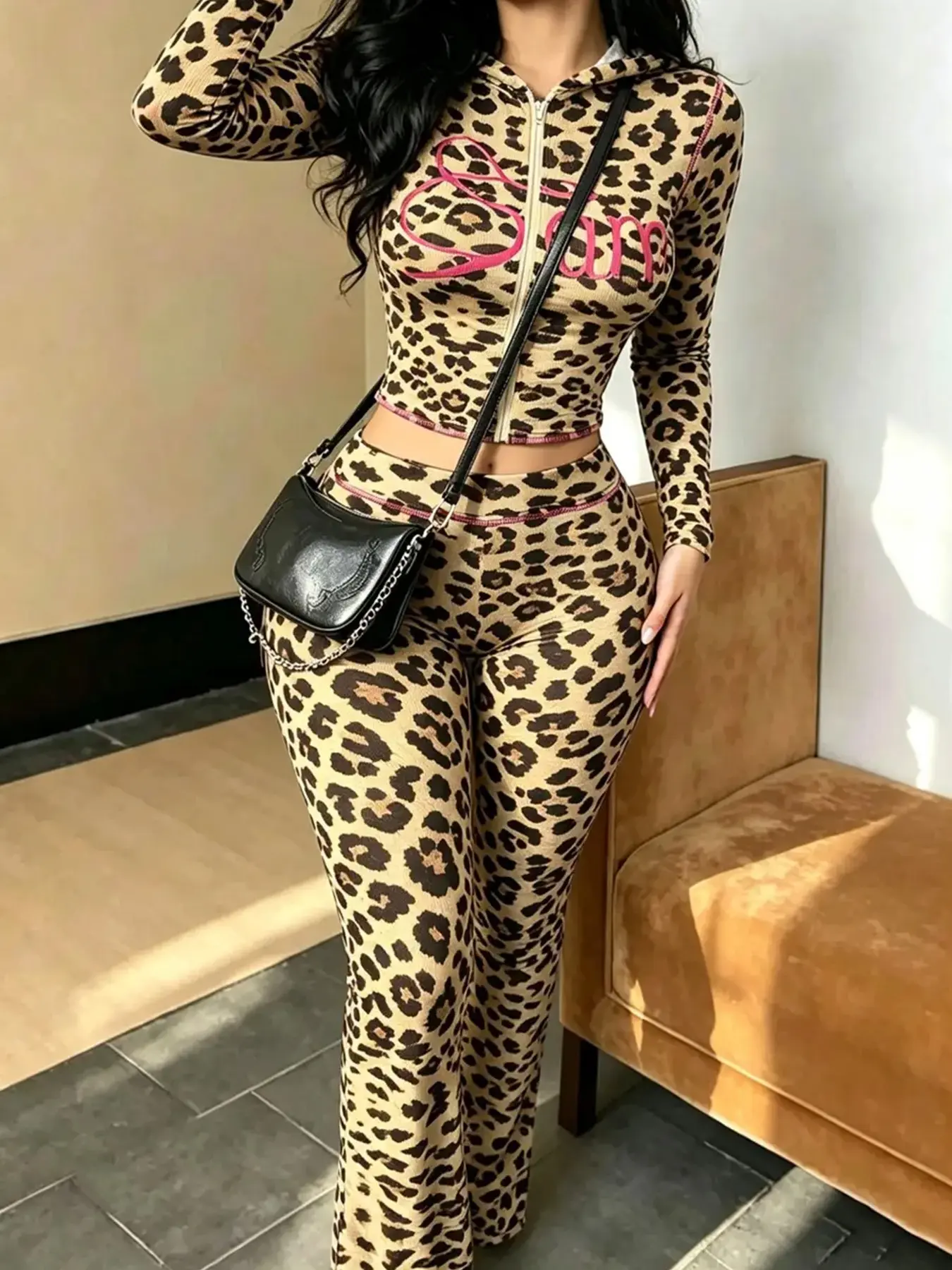 Women's Leopard Print Set, Street Style, Streetwear, Casual Fashion, Long Sleeve Loose-Fit Tee, Fall Winter New Arrival, Lazy Wind Design