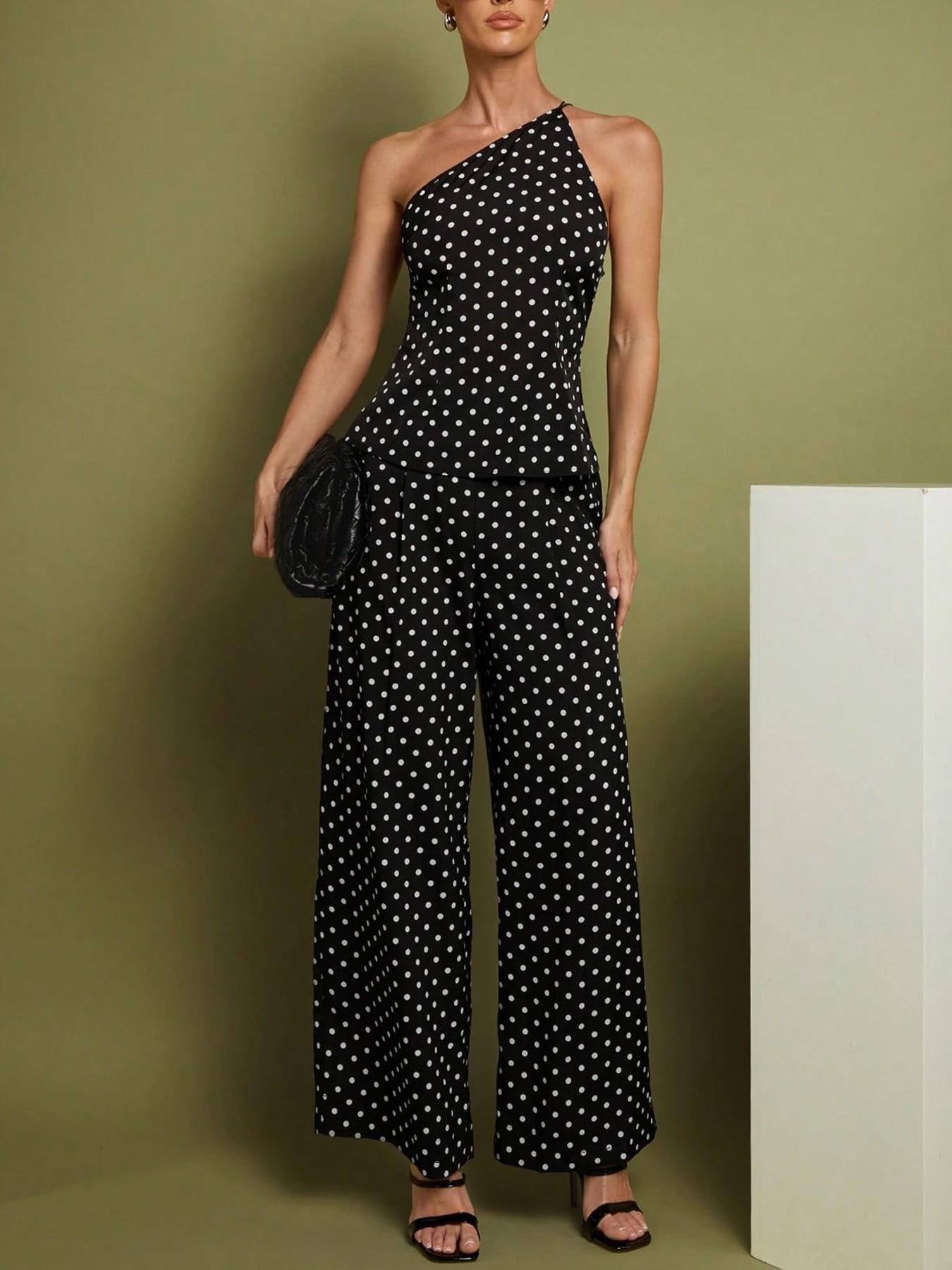 This Polka Dot Set is Effortless Retro Chic ✨ | One Shoulder Top & Wide Leg Pants Co-ord
