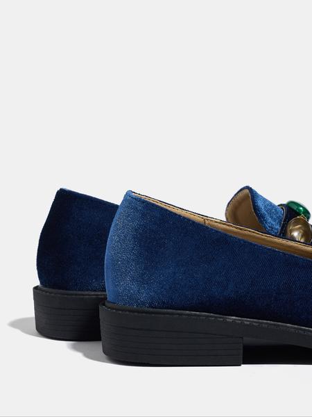 Women's Fashion Fall New Velvet Thick Sole Blue Square Toe Mid Heel Soft Bottom Outdoor Lightweight Breathable Slip-On Loafers