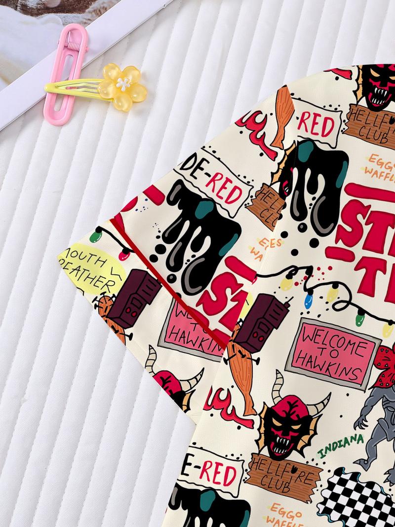 Stranger Things Kids Pajama Set, Cartoon Print Short Sleeves & Loose Fit Shorts, Casual Home Wear for Boys Girls