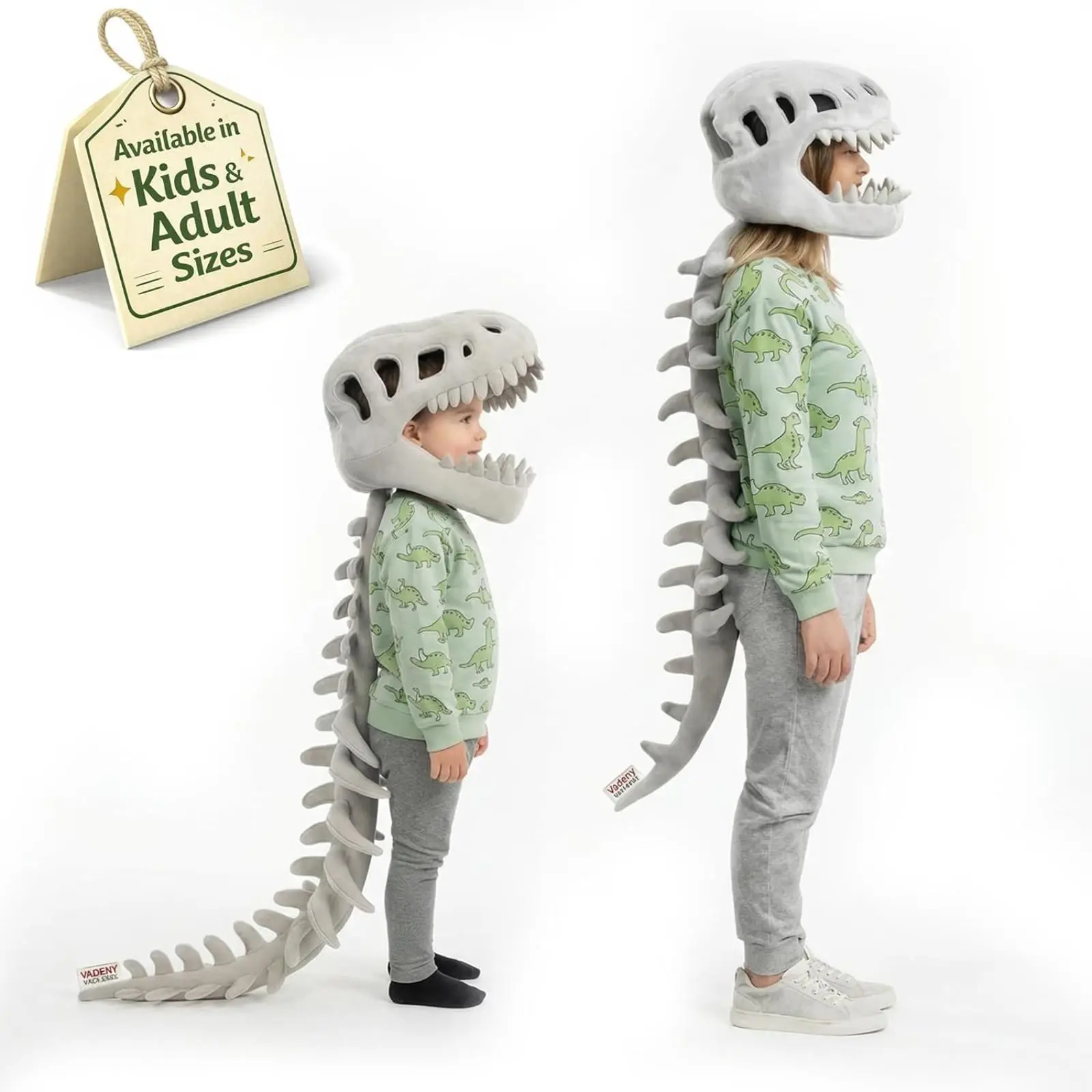 Wearable Dinosaur Skeleton Plush Toy - 3D Dino Skull Headgear with Spine Pillow for Halloween Cosplay, Funny Costume Outfit for Adults Kids, Creative Stuffed Animal Gift for Couples Friends, Cosplaying