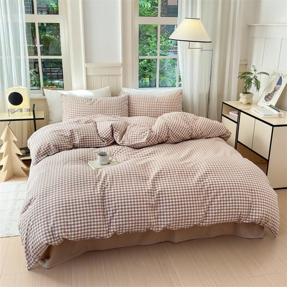 3-piece brown checkered printed bedspread set (1 bedspread + 2 pillowcases, without core), soft and comfortable Decorative bedding set, suitable for bedroom, dormitory, guest room home decoration