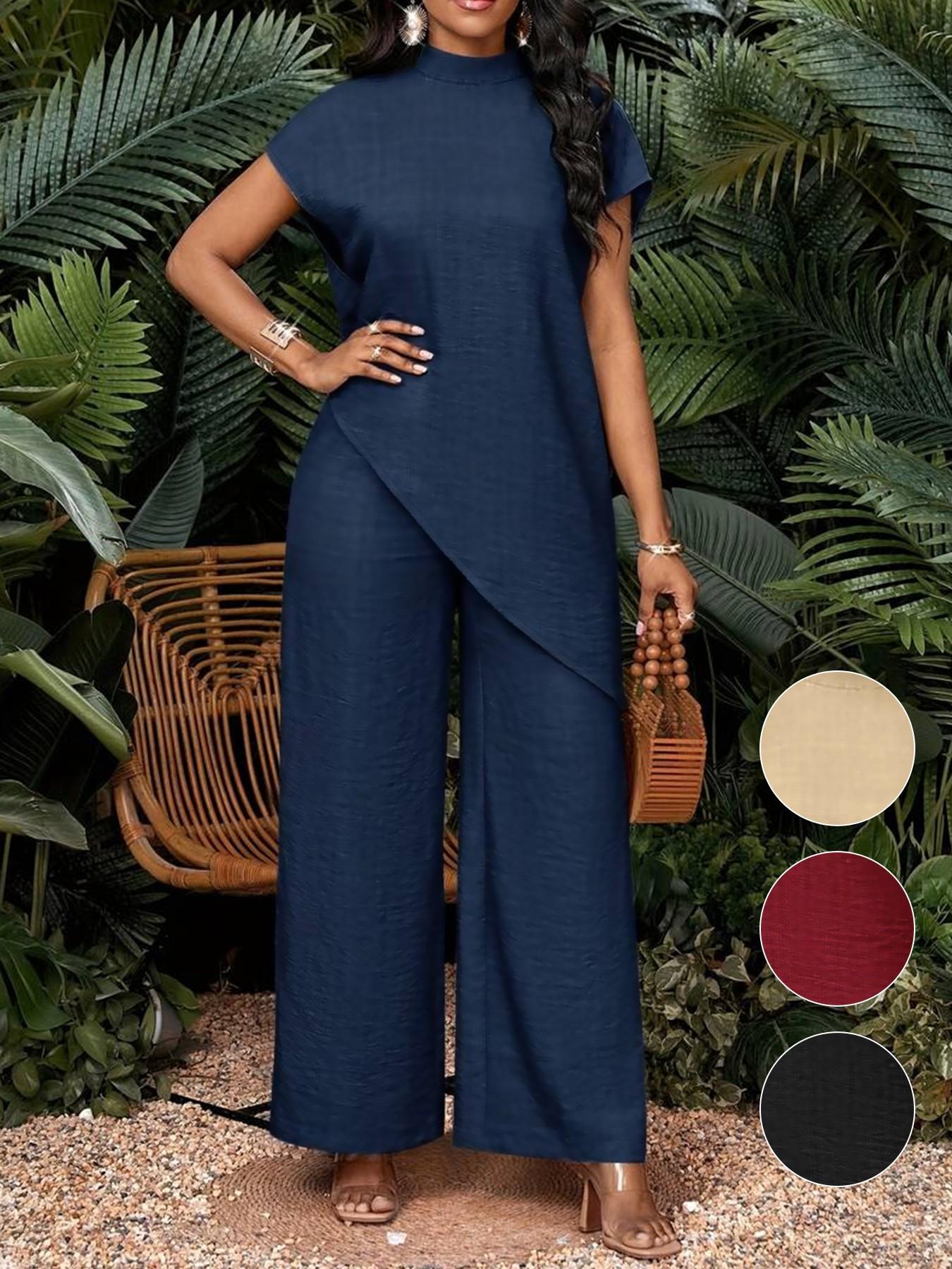 Summer Women's Suit Set, Wide Leg Pants Set, Casual Two-Piece Set, Stand Collar Sleeveless Top, Asymmetrical, High Waist, Business