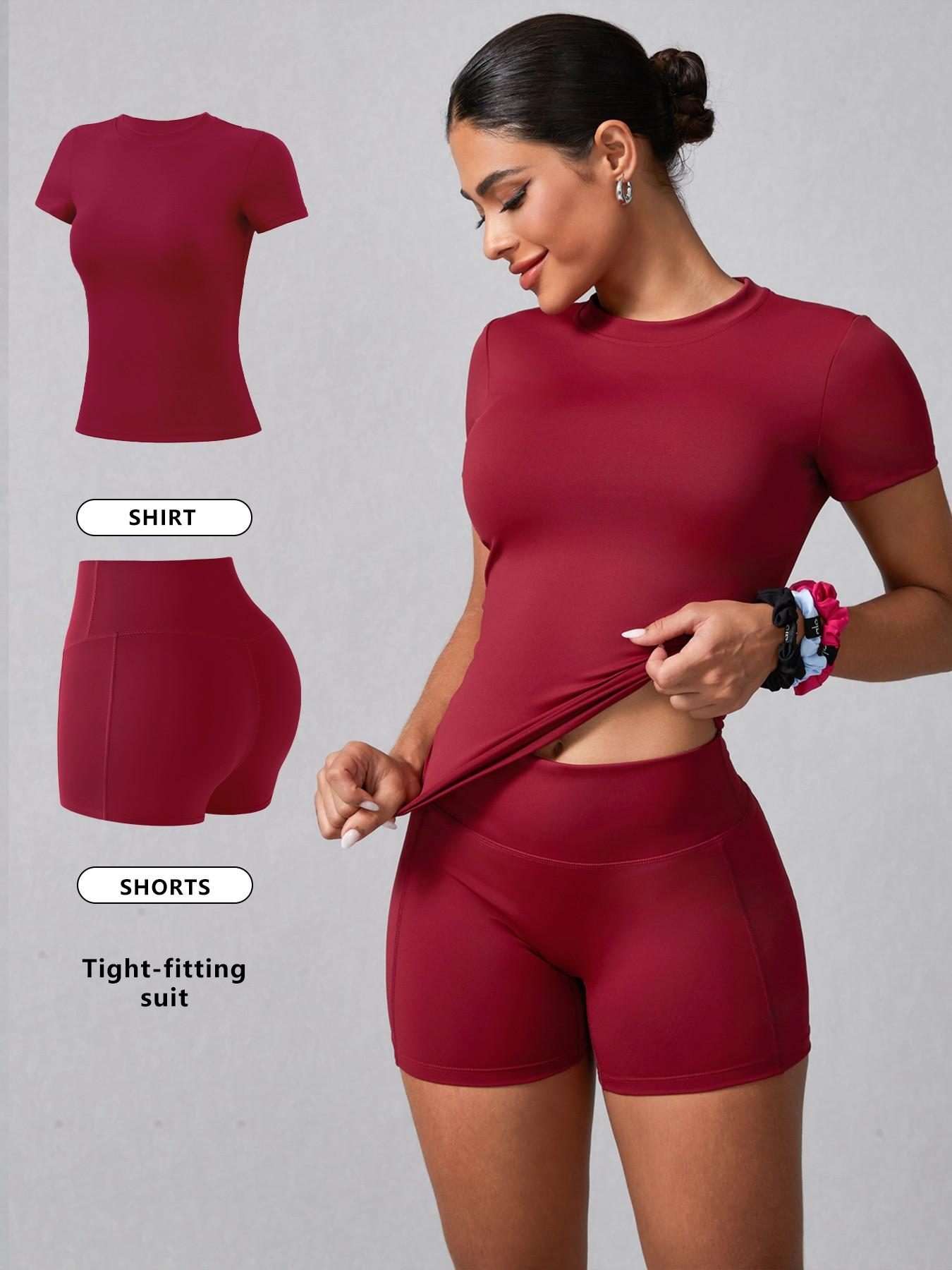 Women's Solid Ribbed Tee & High Waist Shorts Loungewear, Casual Comfy Round Neck Short Sleeve T-Shirt & Skinny Shorts PJ Set, Ladies Sleepwear for Summer, Pajama