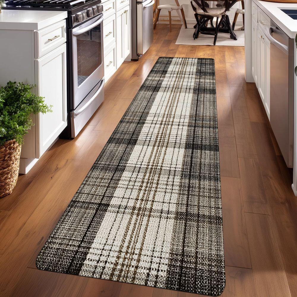 1PC， Spring Brown and White Plaid Fabric Patterned strip rugs, home décor, bathroom mats, entryway mats, bathroom non-slip mats, indoor entrance rugs, bedroom bedside mats, kitchen mats, hallway rugs, flannel sponge rugs, hallway runner rugs