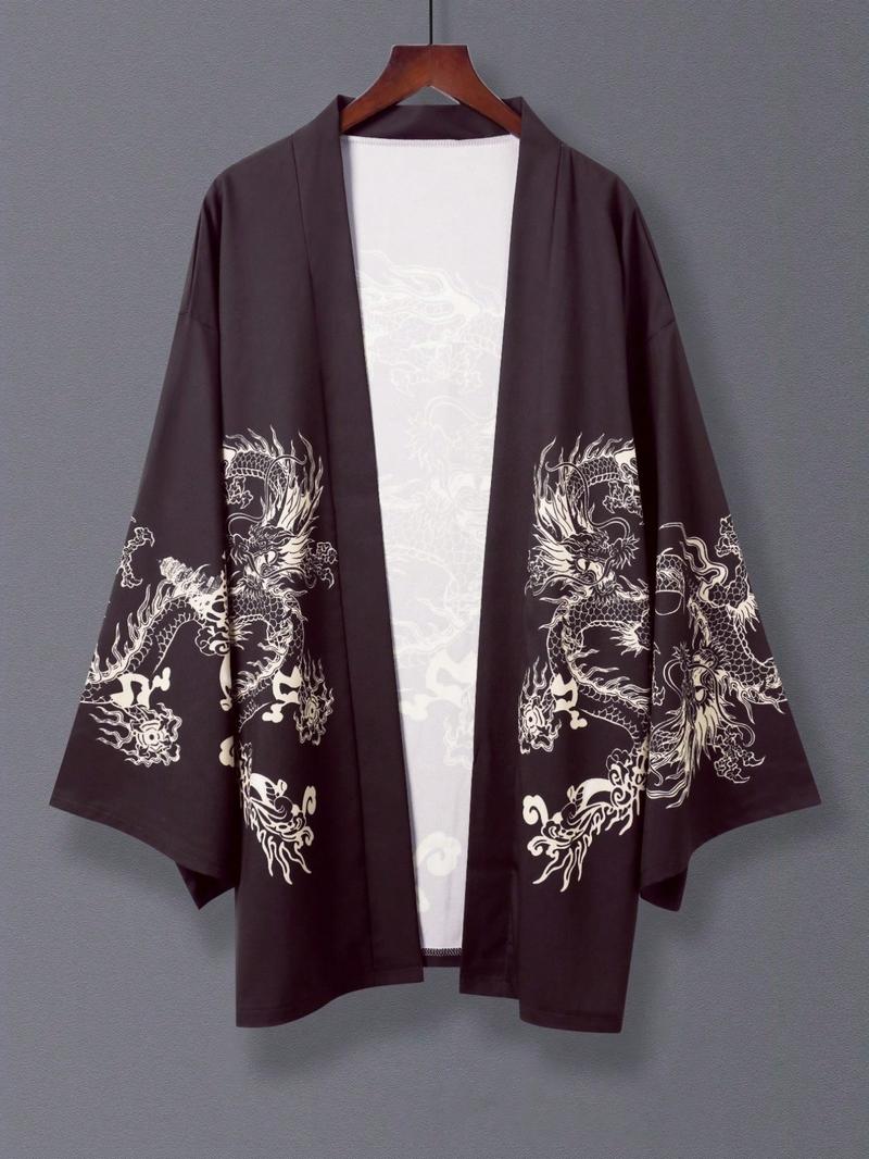 Japanese Style Kimono Dragon Print Cardigan, Unisex Thin Outerwear, Casual Beach Vacation Shawl, Halloween Costume, Fashionable Cape Jacket Japanese Style Kimono Dragon Print Cardigan, Unisex Thin Outerwear, Casual Beach Vacation Shawl, Halloween Costume, Fashionable Cape Jacket