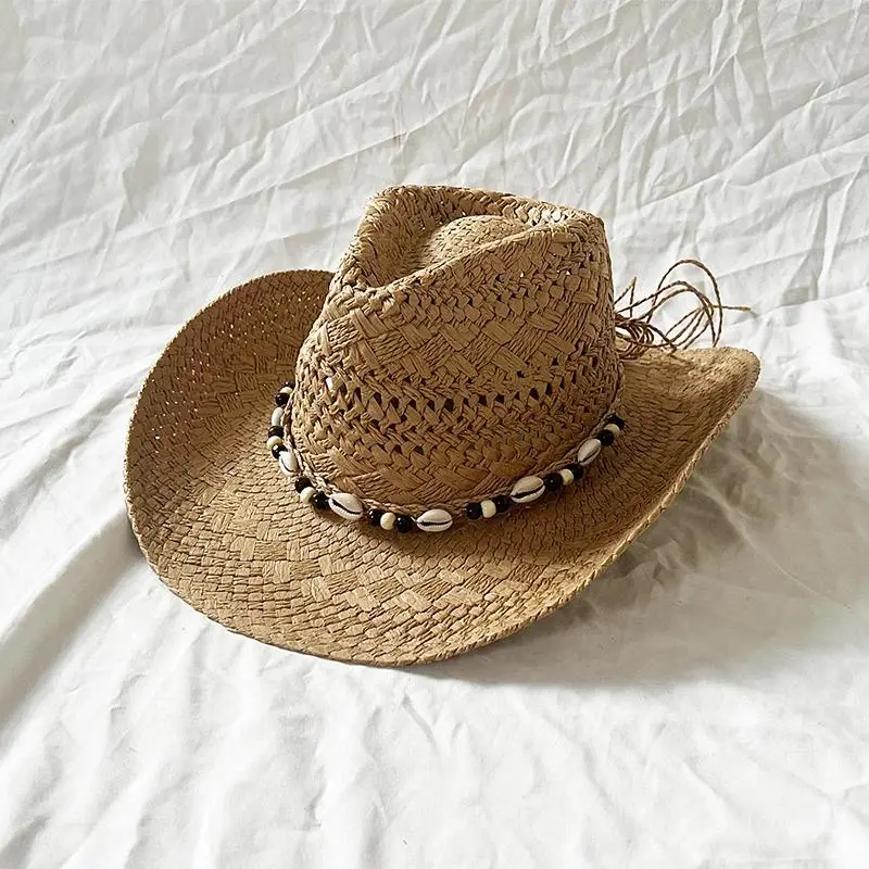Bohemian Shell Bead Design Straw Beach Hat Men Women Wide Brim Cowgirl Hat Stylish Handmade Hollow Rolled Edge Sunscreen Caps