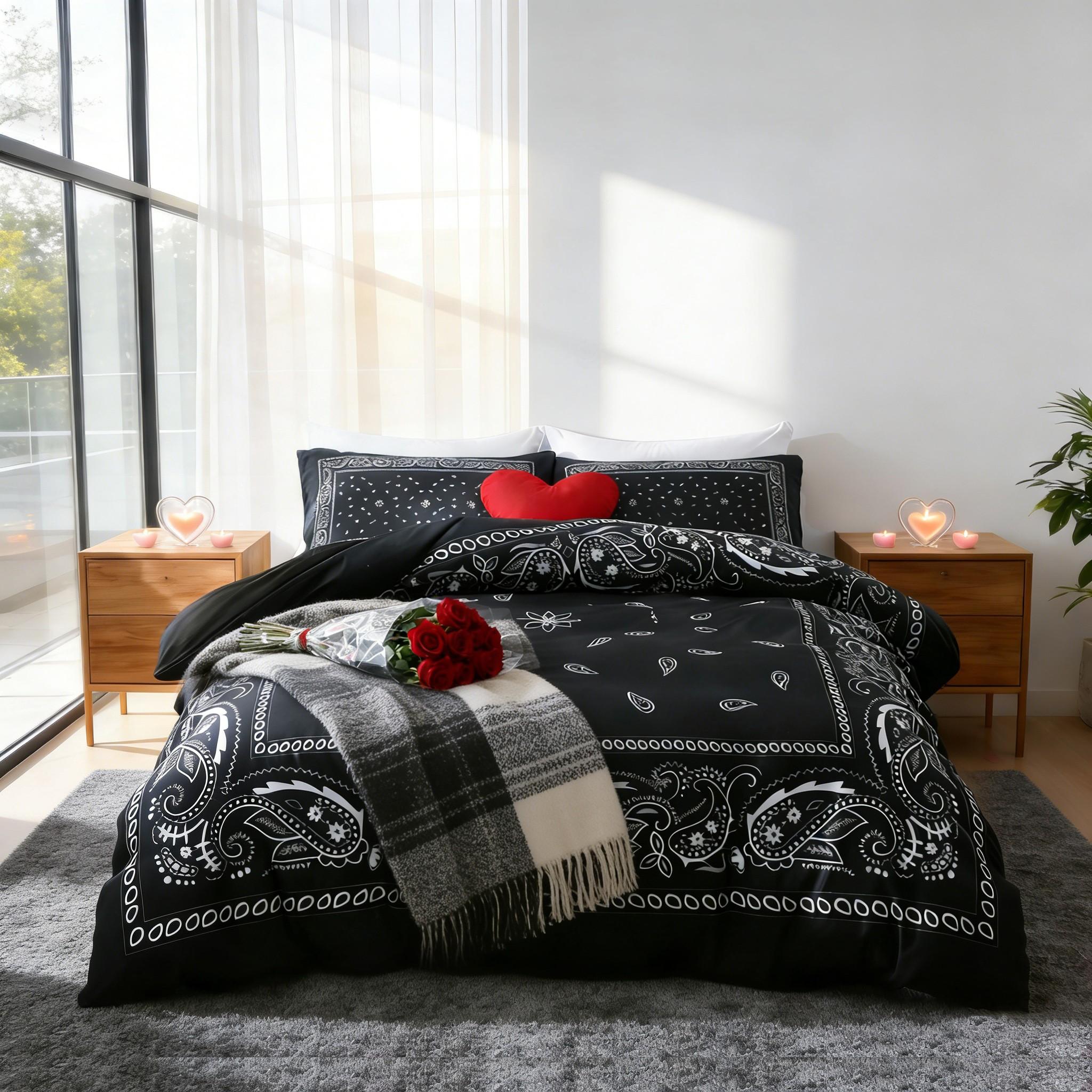 3pcs Black & White Paisley Print Bedding Set, Includes 1 Duvet Cover + 2 Pillowcases No Insert, Comfortable Sleep, Perfect Gift for Dorm Room, All Seasons