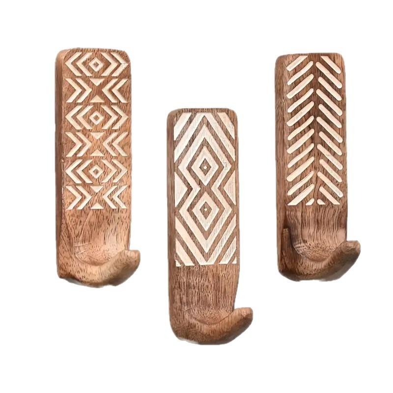 Boho Hand Carved Wooden Wall Hooks, 3 Pack Rustic Geometric Pattern, Wall Mounted Hooks for Coats, Bags, Towels, Keys